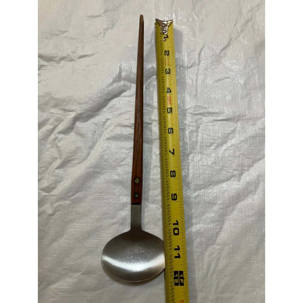 Vintage Stainless Steel Cooking Spoon Long Wooden Handle Kitchen Utensil